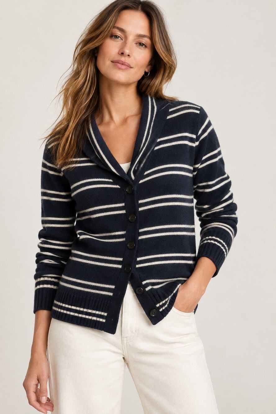 Banana Republic Fold-Over Collar Striped Lambswool Cashmere Cardigan Sweater – M
